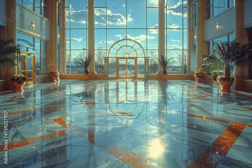 A spacious hall with high ceilings  grand windows  and shiny marble floors illuminated by the morning sun