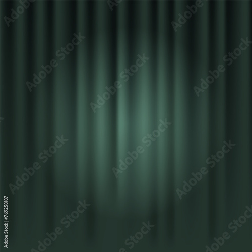 Closed green theater or cinema curtain on stage with circular spotlight. Realistic vector background of a Broadway show or film ceremony, fluttering drapery. Velvet fabric background on stage with lig