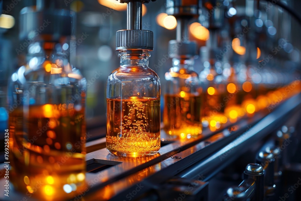 Rows of vials are being filled with medication in an automated production line at a pharma plant Rows of vials are being filled with medication in an automated production line at a pharma plant