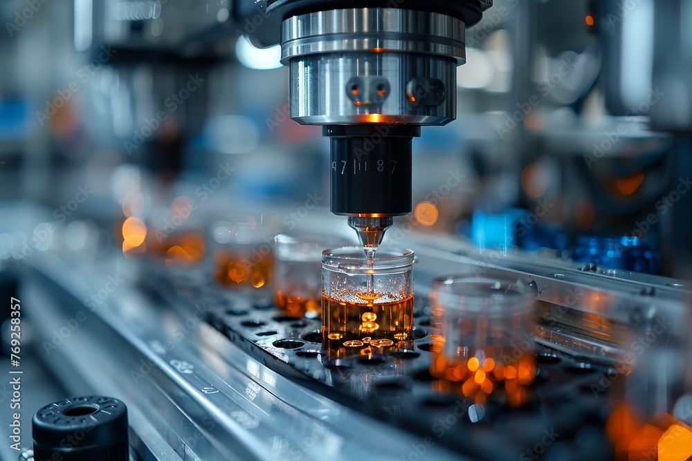 Close-up of an automated pipetting machine dispensing liquid into a series of small vessels during a precise laboratory process Close-up of an automated pipetting machine dispensing liquid into a series of small vessels during a precise laboratory process