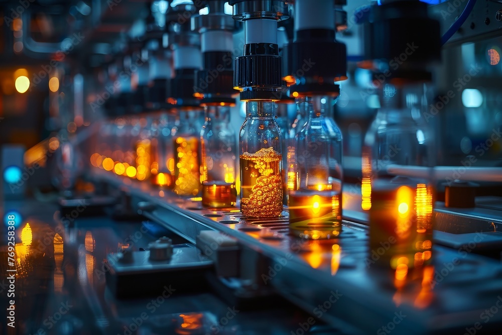 Pharmaceutical production line with vials of medicament in a modern manufacturing facility with glowing lights Pharmaceutical production line with vials of medicament in a modern manufacturing facility with glowing lights