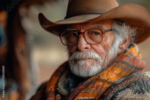 Close-up of a senior man wearing a cowboy hat and a scarf as he looks away, capturing his rugged style and contemplative mood