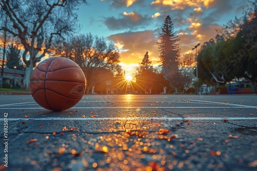 A basketball on an urban court glows under the warm lights of a picturesque sunset, evoking a city game's end photo