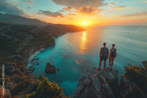 Two hikers standing on a cliff observing the sunset and tranquil sea