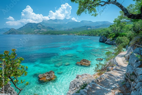 Breathtaking scenery of a serene coastline featuring crystal clear turquoise waters with mountains in the background under a blue sky