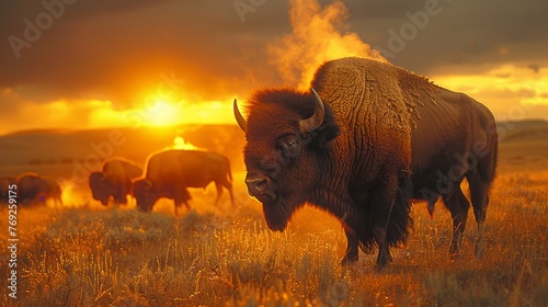 Bison herd in grassy plain at sunset, under atmospheric phenomenon