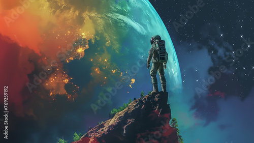 Astronaut on foreign planet in front of spacetime portal light. Science fiction universe exploration. 3D render © Pailin