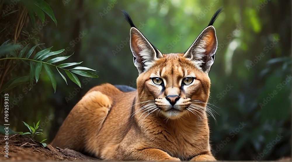 A Caracal in jungle forest background from Generative AI A Caracal in jungle forest background from Generative AI