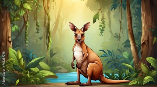 Fototapeta Naklejka Na Ścianę i Meble -  A kangaroo in jungle forest background from Generative AI