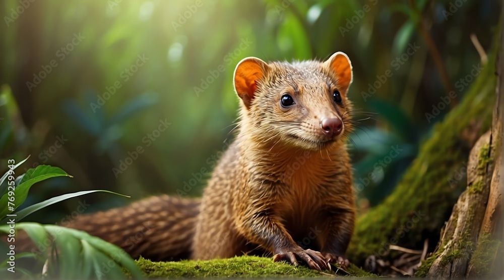A Mongoose in jungle forest background from Generative AI A Mongoose in jungle forest background from Generative AI