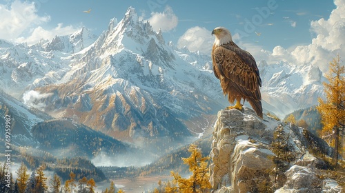 Accipitridae eagle with powerful beak perched on rock amidst mountain landscape