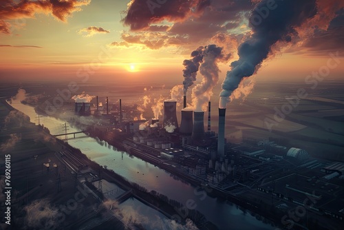 Aerial shot of coal fired power station Neurath in North Rhine Westphalia, Germany at sunset