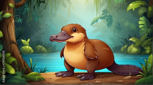 A platypus in jungle forest background from Generative AI