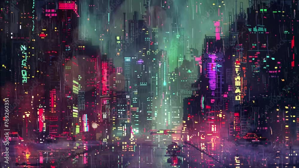 pixel art cyberpunk metropolis background . futuristic cyberpunk illustration. seamless looping overlay 4k virtual video animation background