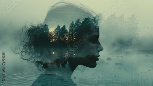 Woman s silhouette blended with enchanting forest scenery in double exposure art