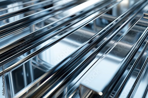 close-up rendering of shiny steel and aluminium profiles and metalware for construction and engineering in storehous  photo