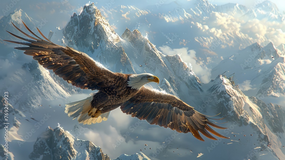 Accipitridae Bird of prey soaring over snowy mountain range - obrazy, fototapety, plakaty 