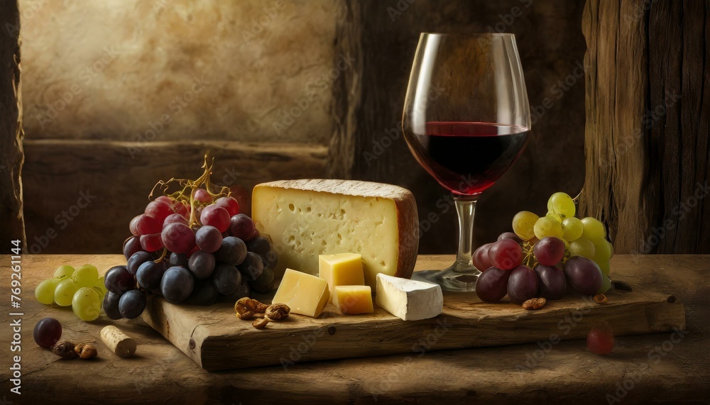 A rustic wooden board with a selection of fine cheeses, grapes, and a glass of vintage red 