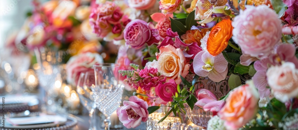 Wedding table decorations and floral arrangements up close