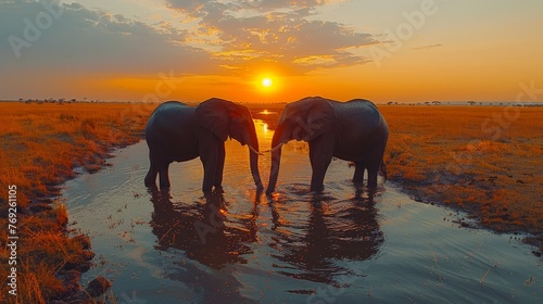 Three elephants enjoying a puddle of water at sunset in a grassland