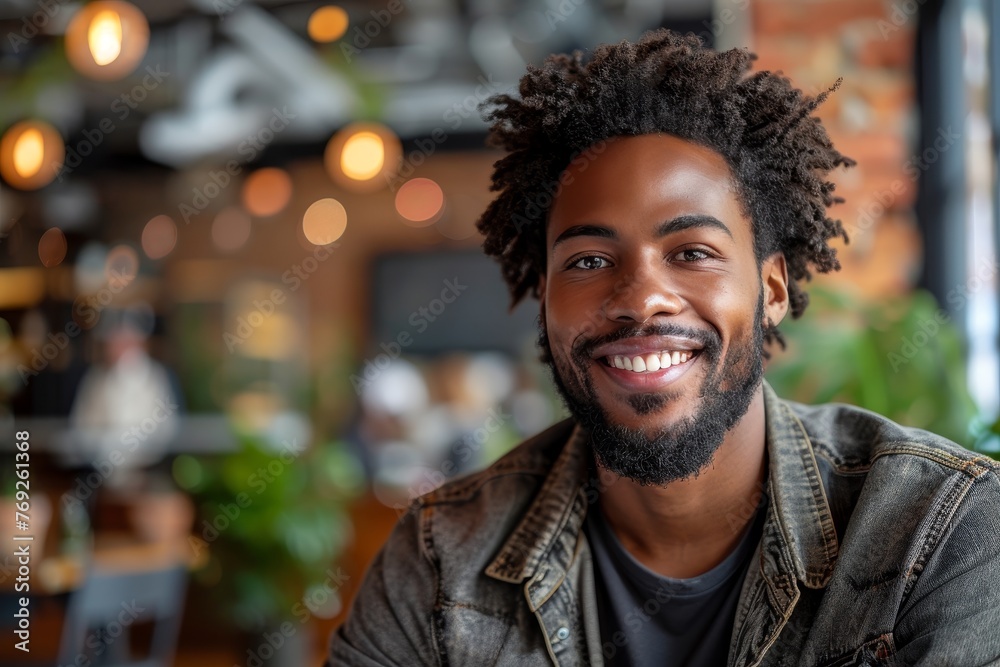 Cheerful young man with a beard and bright smile sitting in a bright cafe setting Cheerful young man with a beard and bright smile sitting in a bright cafe setting
