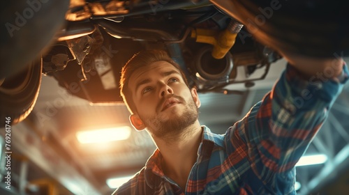 Skilled Mechanic,Car Mechanic Performing Repairs and Maintenance Underneath a Vehicle  photo