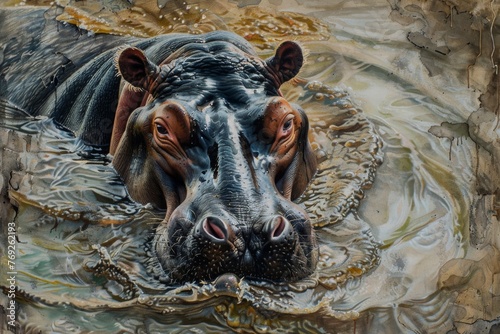 A hippopotamus peeks out of the water, a portrait of a large animal