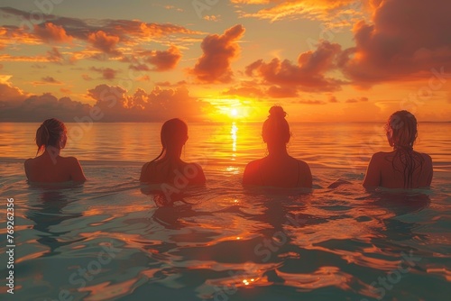 Four friends savoring a stunning sunset from an infinity pool  a moment of serenity and bonding