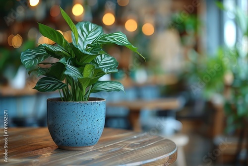 A thriving potted plant sits on a rustic wooden table within a warmly lit cafe setting  evoking a sense of calm and relaxation