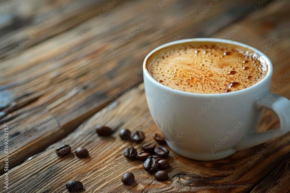A close-up image of a foamy, freshly brewed espresso in a white ceramic cup with scattered coffee beans A close-up image of a foamy, freshly brewed espresso in a white ceramic cup with scattered coffee beans
