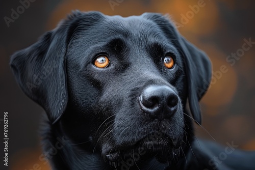 Portrait of a deep black Labrador dog with striking amber eyes, standing out against a soft-focus background © LifeMedia