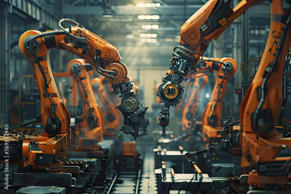 Wide cranes hot of a male Asian engineer supervising the industrial robots performing their operations in the factory Wide cranes hot of a male Asian engineer supervising the industrial robots performing their operations in the factory