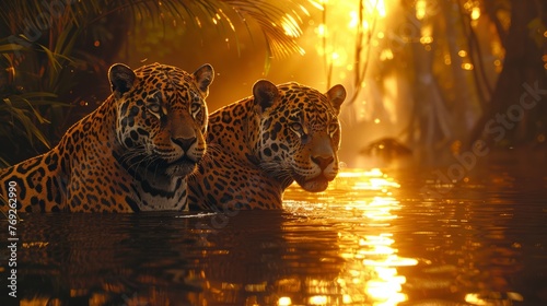 Two Felidae carnivores with whiskers swimming at sunset in the river