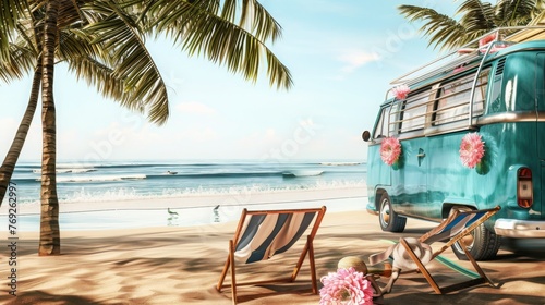 Ready for summer travel. Blue van with deck chair and beach accessory 3D Rendering, 3D Illustration © JovialFox