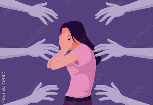 Unhappy Female Victim Being Harassed Vector Concept Illustration. Girl feeling hurt by disrespectful touching from stranger men 
 photo