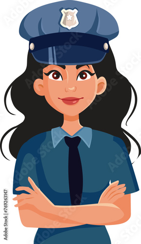 Policewoman Standing with Arms Crossed Vector Cartoon Avatar. Smiling officer feeling confident and strong 
