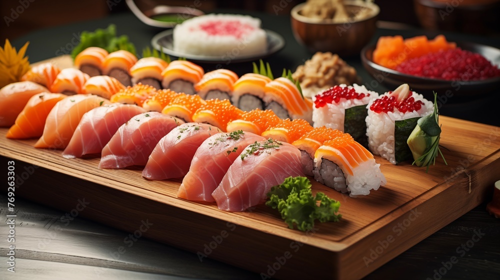 sushi nigiri in a bird's eye view sushi nigiri in a bird's eye view
