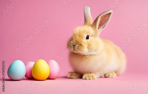 Colorful easter eggs and rabbit on pink background © Arslan
