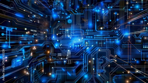 Electronic circuits, blue neon light, Software and Web Developer Programming Code, Binary Abstract Computer Script, Program Developing digital background. © JovialFox