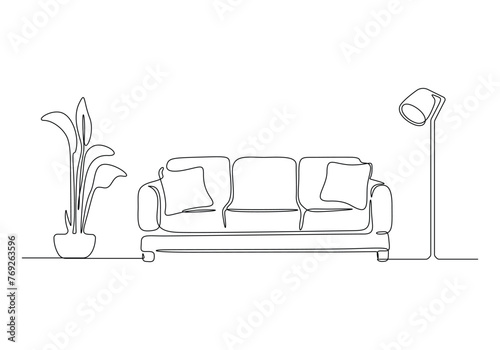 Continuous one line drawing of couch or sofa with lamp and potted plant. Modern furniture simple linear style vector illustration