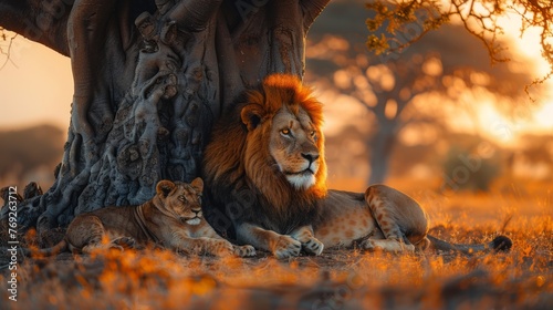 Carnivore Felidae and two cubs relaxing under a tree in the forest