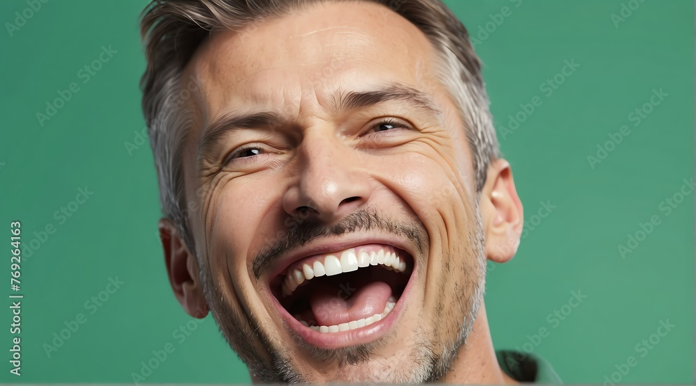 young british middle aged man on plain bright green background laughing hysterically looking at camera background banner template ad marketing concept from Generative AI - obrazy, fototapety, plakaty 