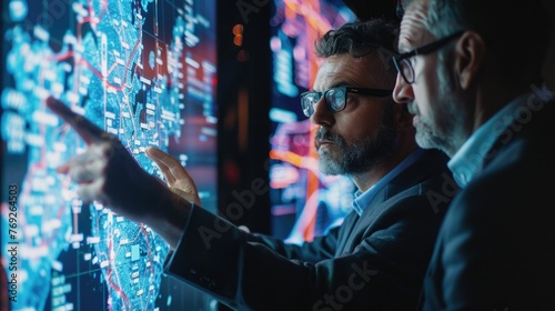 Two professional network security experts are closely examining a live threat map displayed on a large digital screen They are collaborating and strategizing,using the advanced data visualization photo