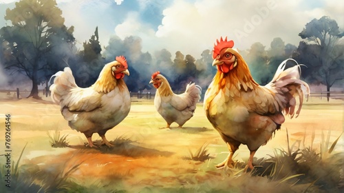 Chickens in a field with watercolor drawing and natural daylight