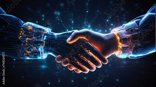 Two glowing hands clasped each other in a strong handshake. Technological details are highlighted, demonstrating the potential for innovation