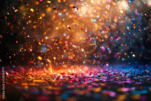 Colorful confetti strewn across a surface with warm, golden bokeh lights in the background creating a festive ambiance photo