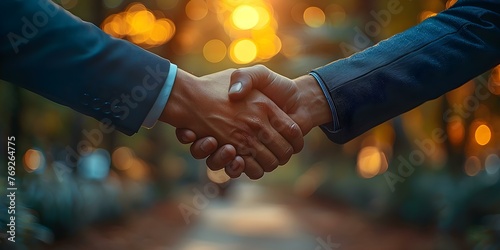 A Symbolic Sunrise: Two Businessmen Shaking Hands in an Office to Seal a Successful Partnership and Agreement. Concept Business Partnerships, Office Handshake, Successful Agreements, Symbolic Sunrise