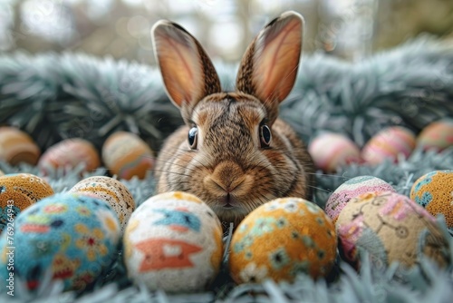 An endearing brown rabbit sitting among beautifully decorated Easter eggs on a fluffy, cozy blue background