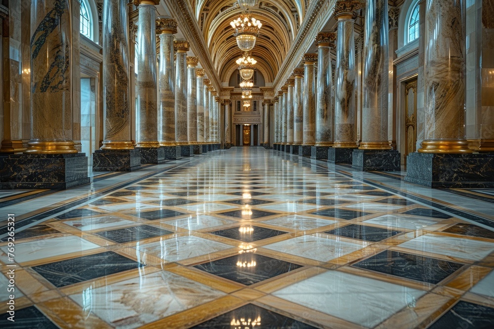 Obraz premium The grandeur of an opulent marble corridor with polished floors, luxurious columns, and gleaming light fixtures