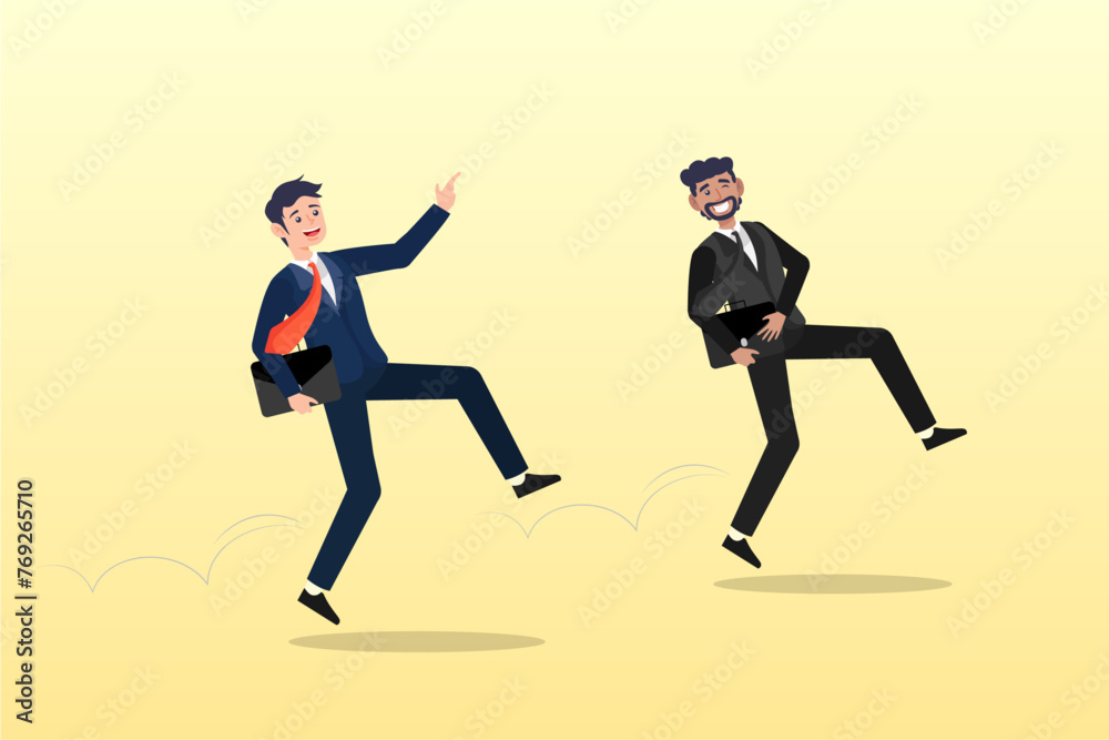 Happy success businessman partner with cheerful jumping metaphor of success in work or career, optimistic or positive thinking, celebrating goal achievement or freedom after work or Friday (Vector)